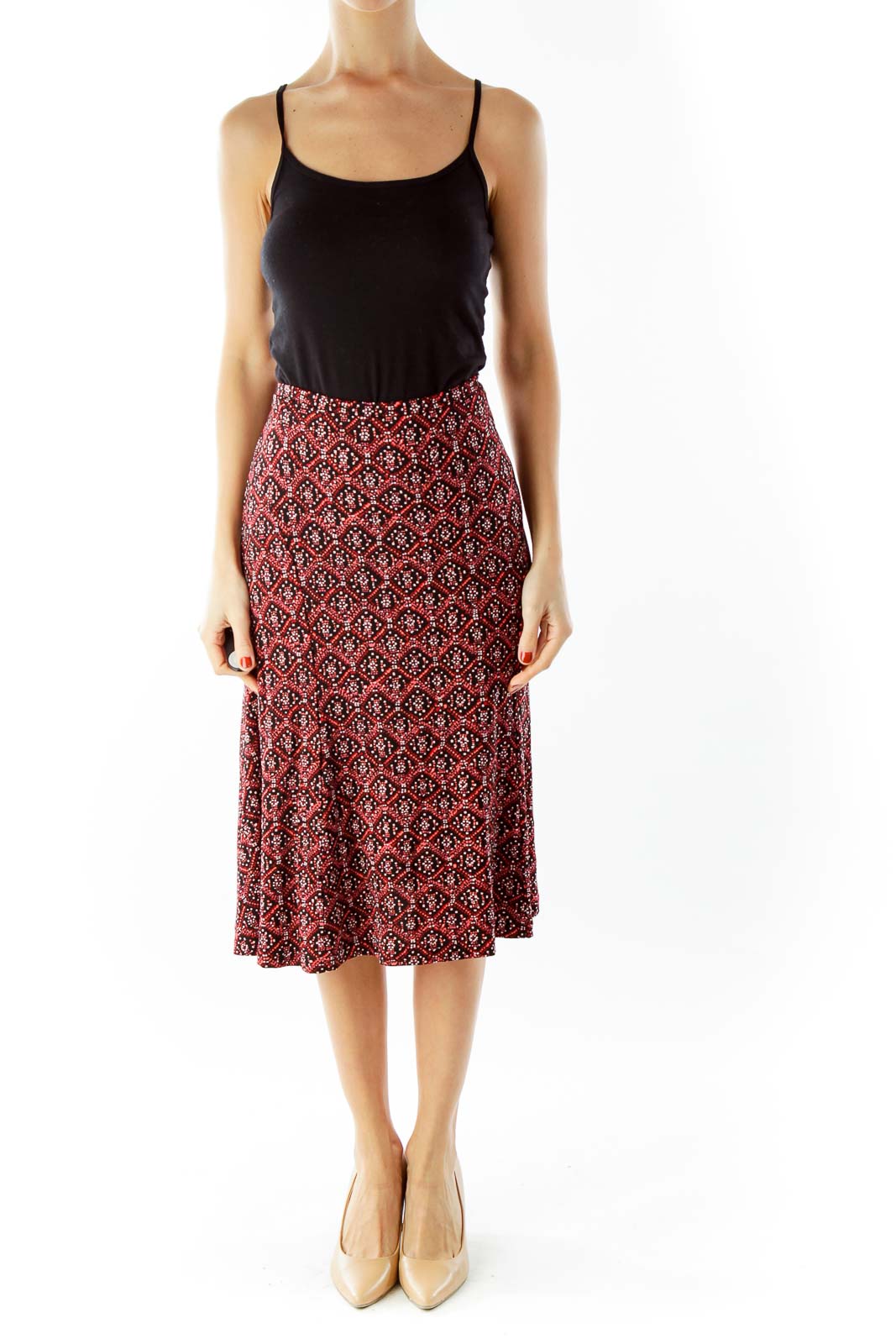 Red Black Geometric Print Flared Skirt