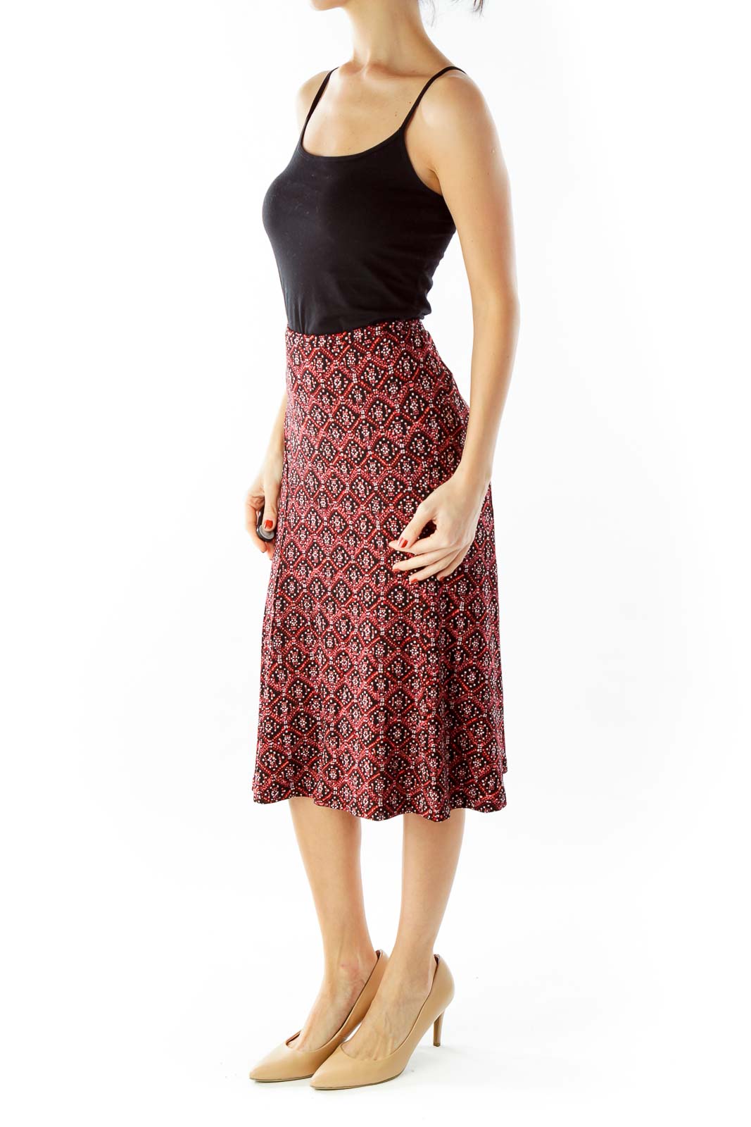 Red Black Geometric Print Flared Skirt