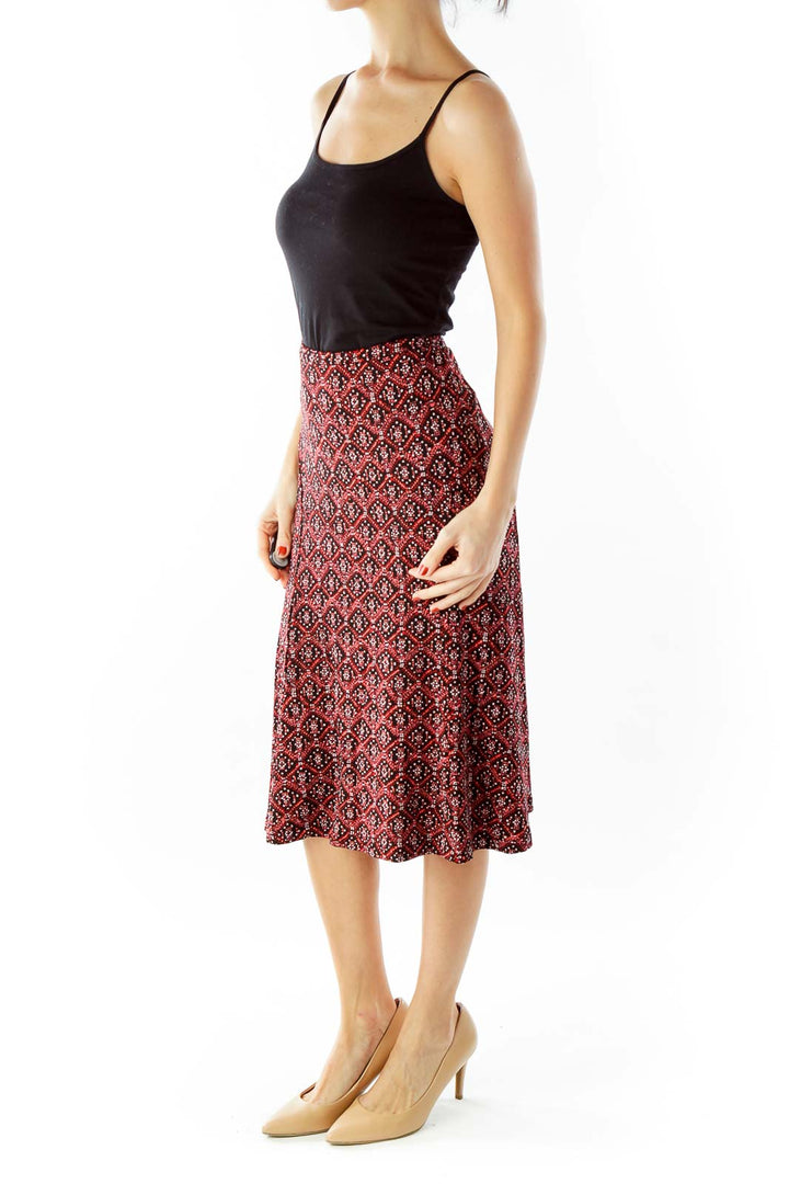 Red Black Geometric Print Flared Skirt