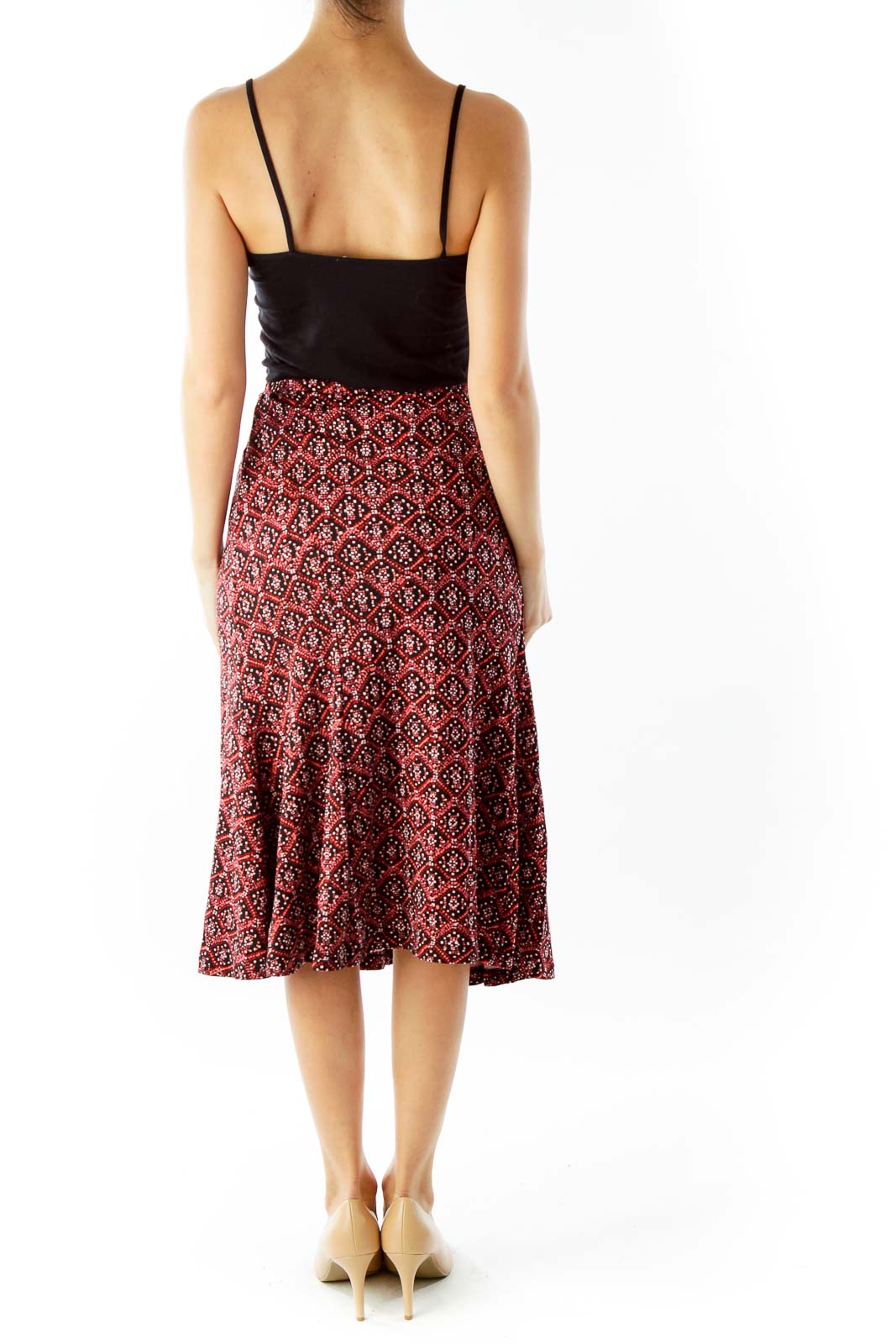 Red Black Geometric Print Flared Skirt