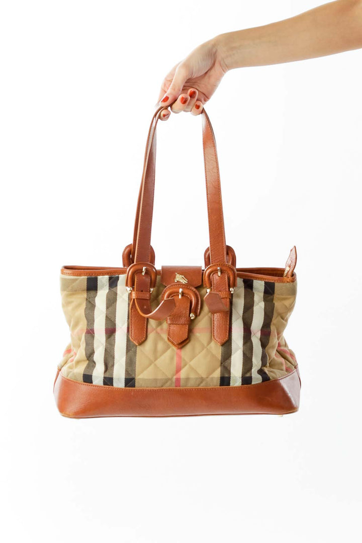 Brown Check-Print Leather Bag