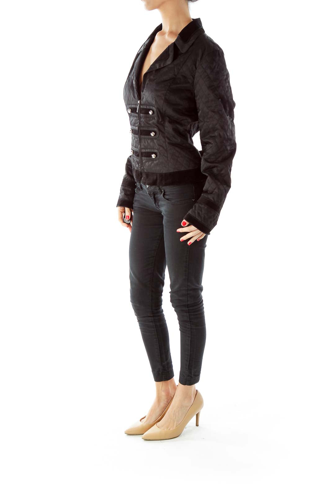 Black Buttoned Velvet Padded Jacket