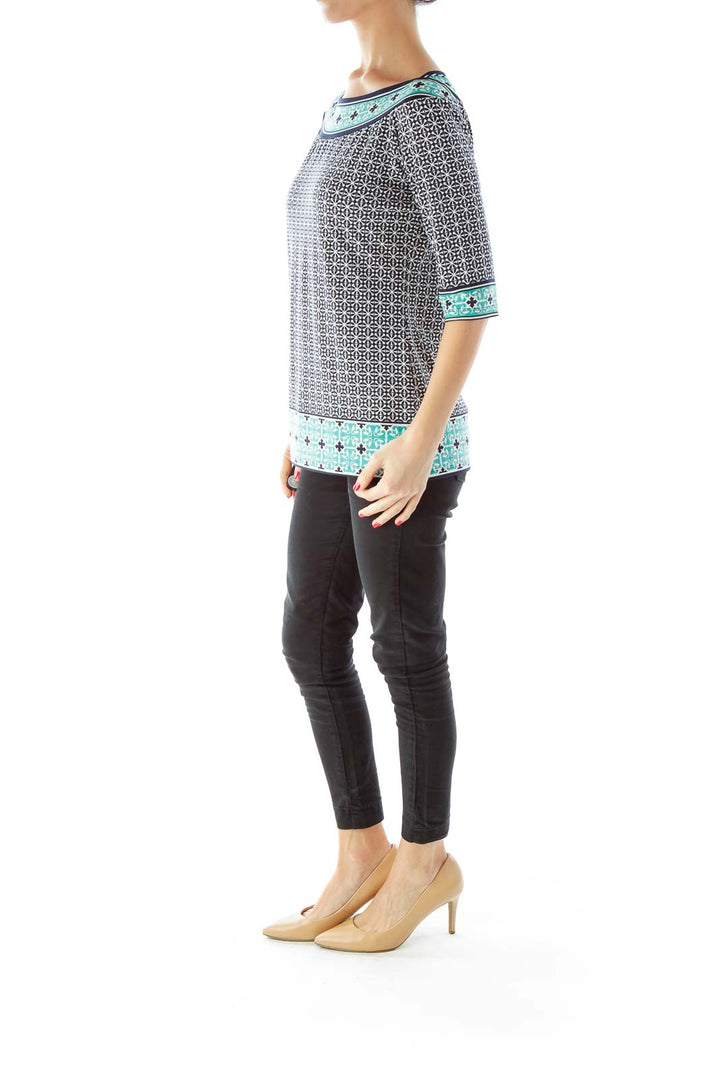 Black White Green Print Three-Quarter Sleeve Blouse