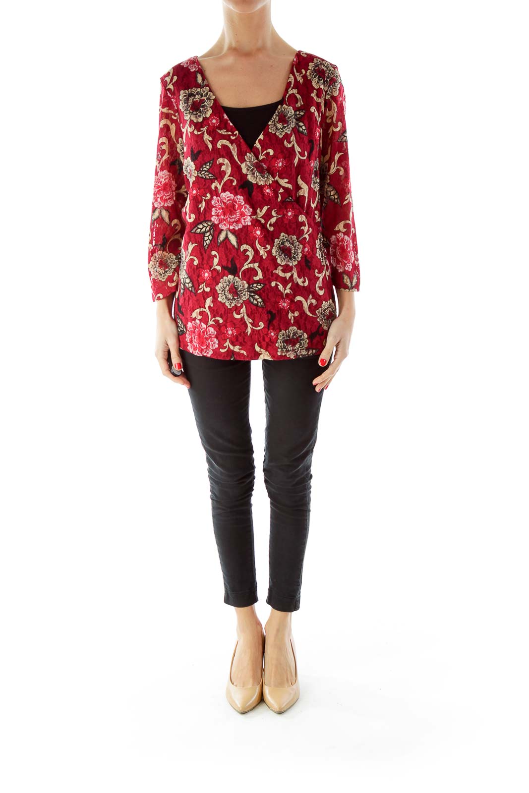 Red Beige Lace Floral Top