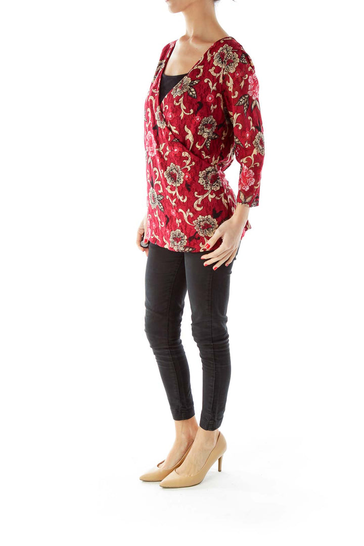 Red Beige Lace Floral Top