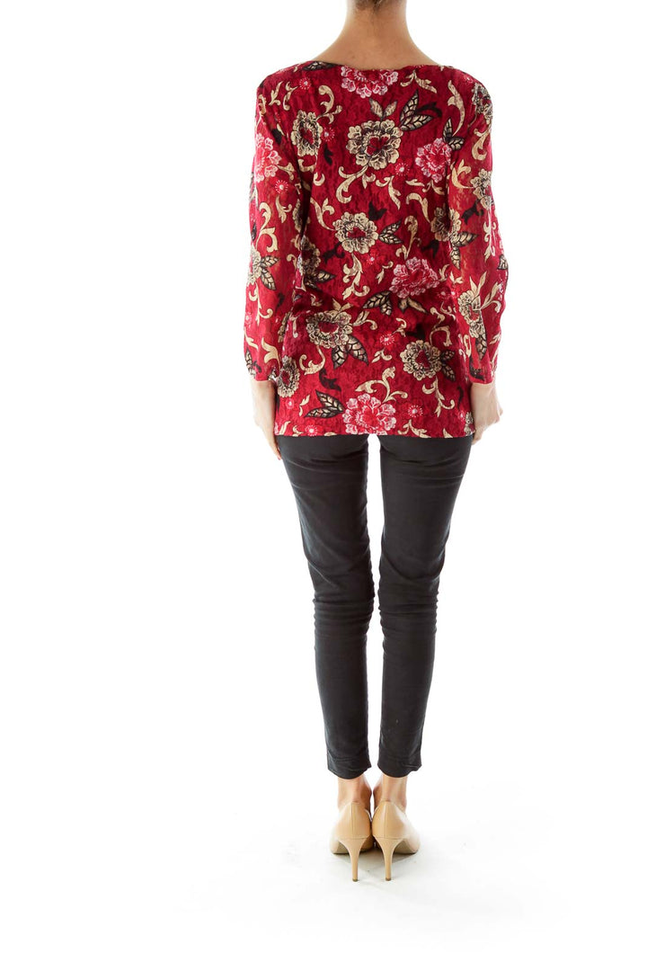 Red Beige Lace Floral Top