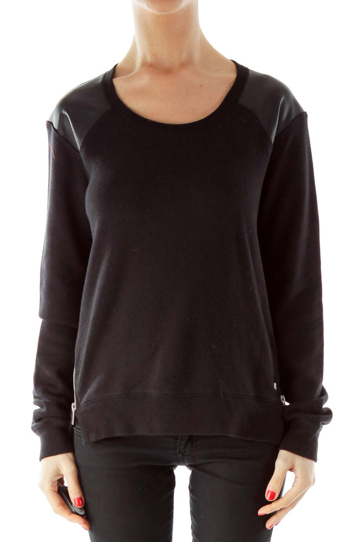 Black Zippered Faux-Leather Patch Long Sleeve T-Shirt