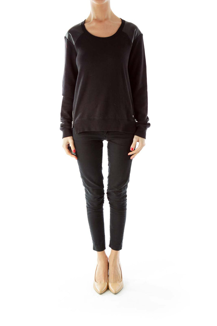 Black Zippered Faux-Leather Patch Long Sleeve T-Shirt