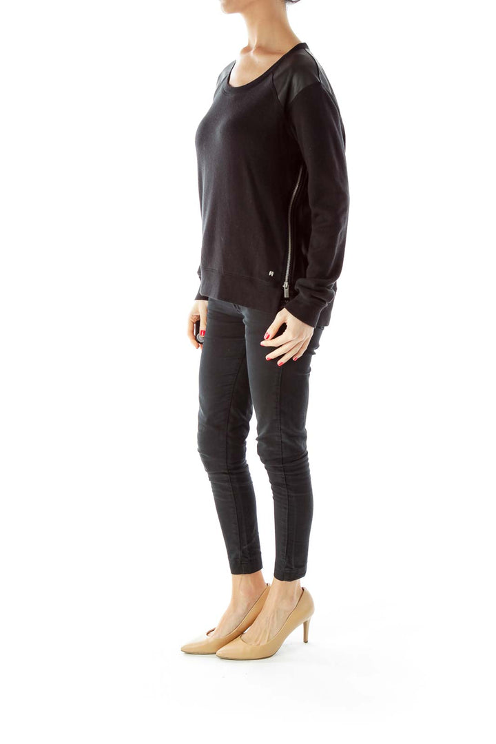 Black Zippered Faux-Leather Patch Long Sleeve T-Shirt