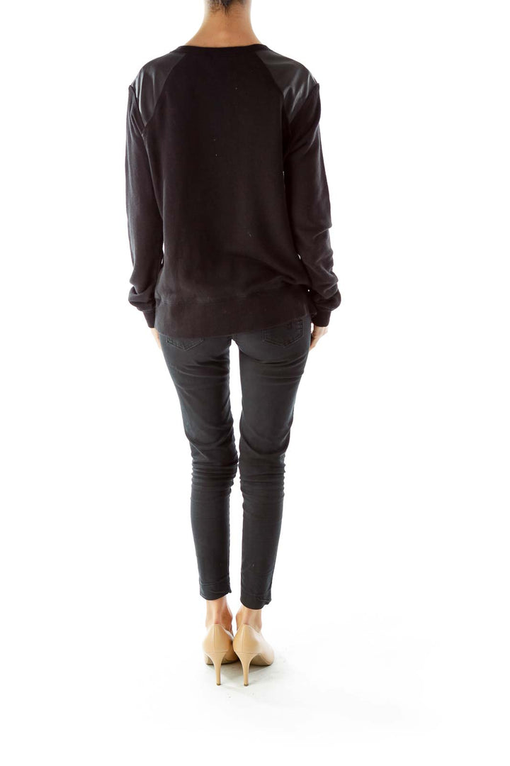 Black Zippered Faux-Leather Patch Long Sleeve T-Shirt