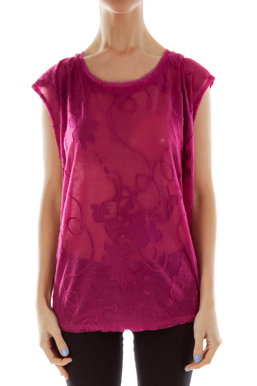 Front view of Free People magenta embroidered cap sleeve top on model