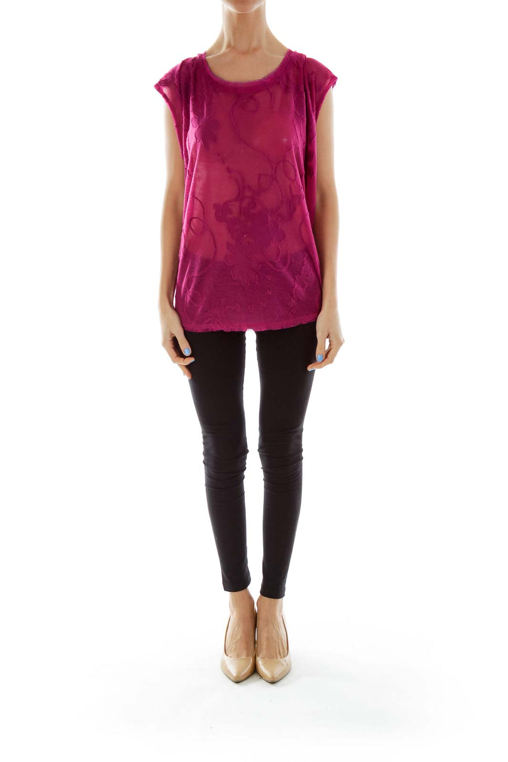 Front view of Free People magenta embroidered cap sleeve top on model