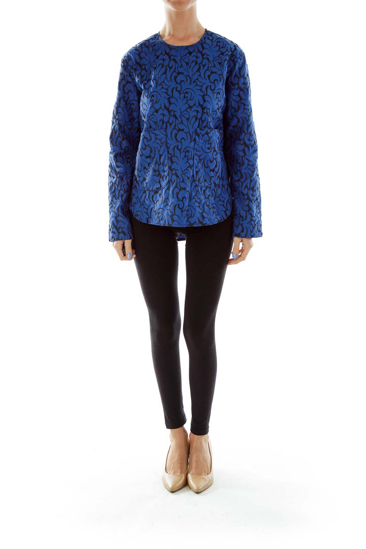 Blue Black Embroidered Pocketed Top