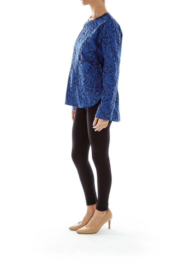 Blue Black Embroidered Pocketed Top