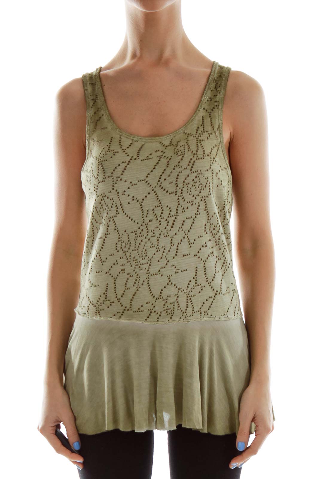 Front view of sage green Free People tank top with lace overlay and peplum hem