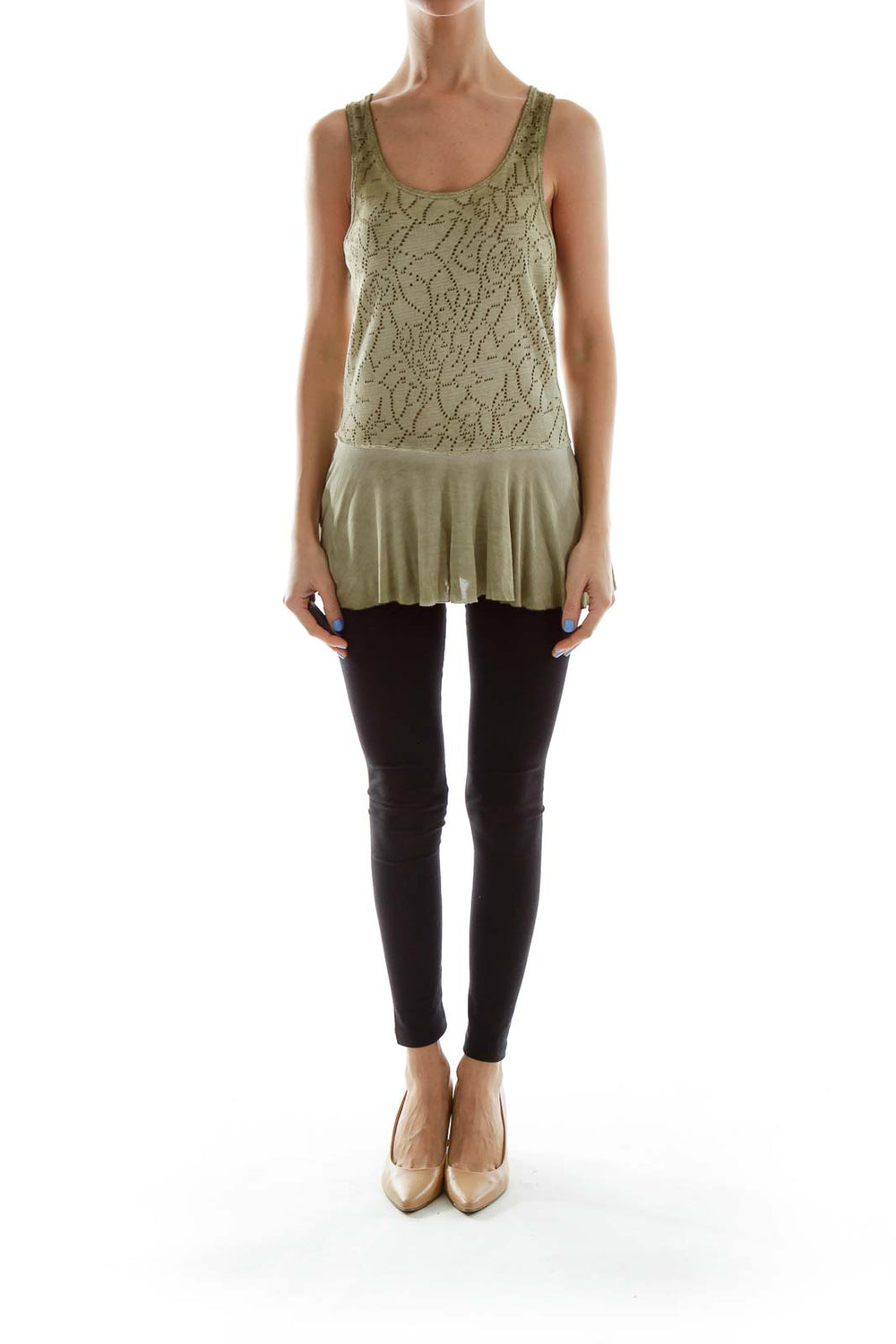 Front view of sage green Free People tank top with lace overlay and peplum hem