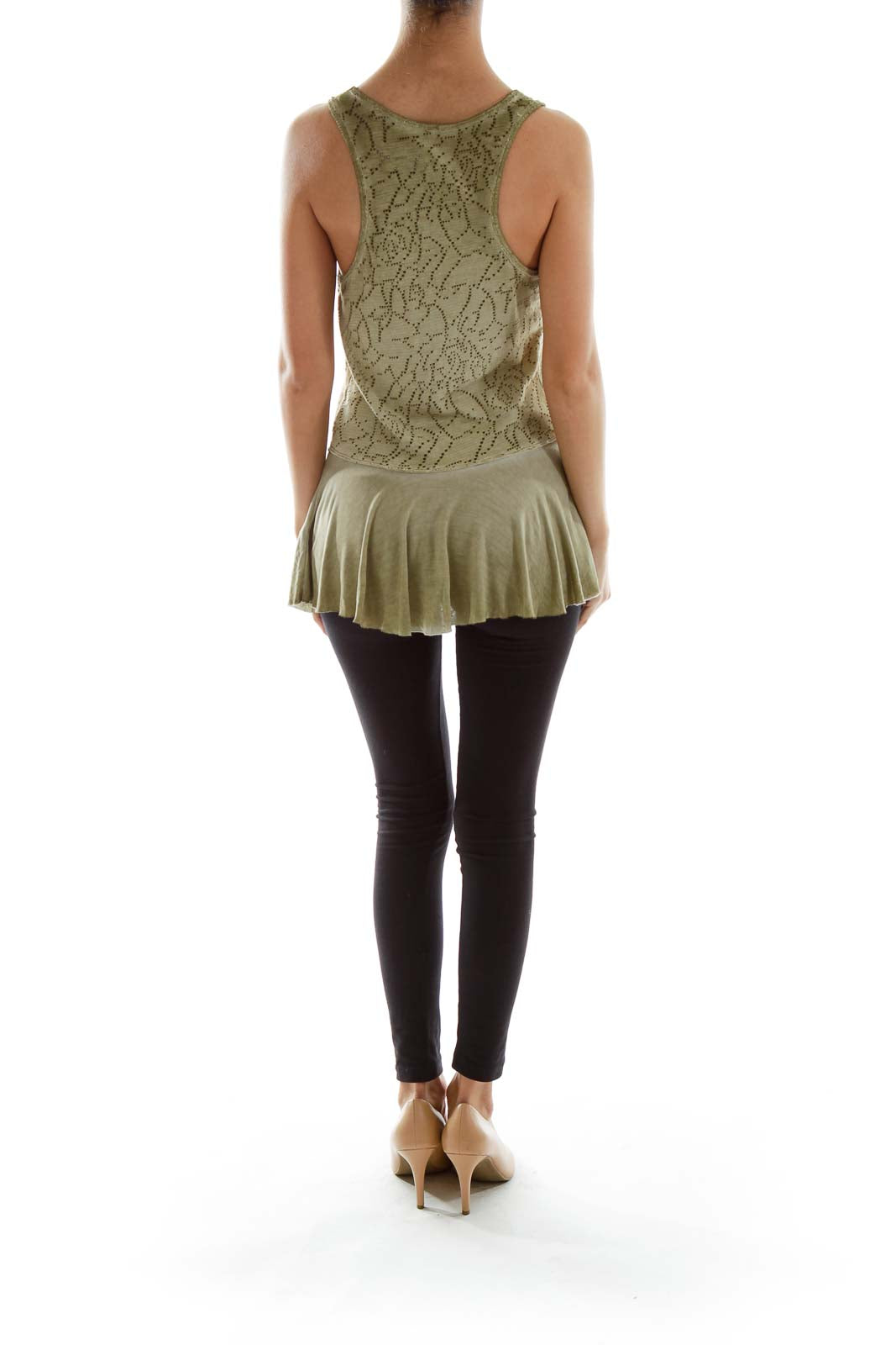 Back view of sage green Free People tank top showing lace pattern and peplum detail