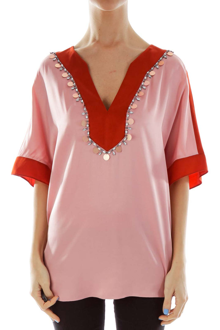 Pink Red Rhinestone Sequin Blouse