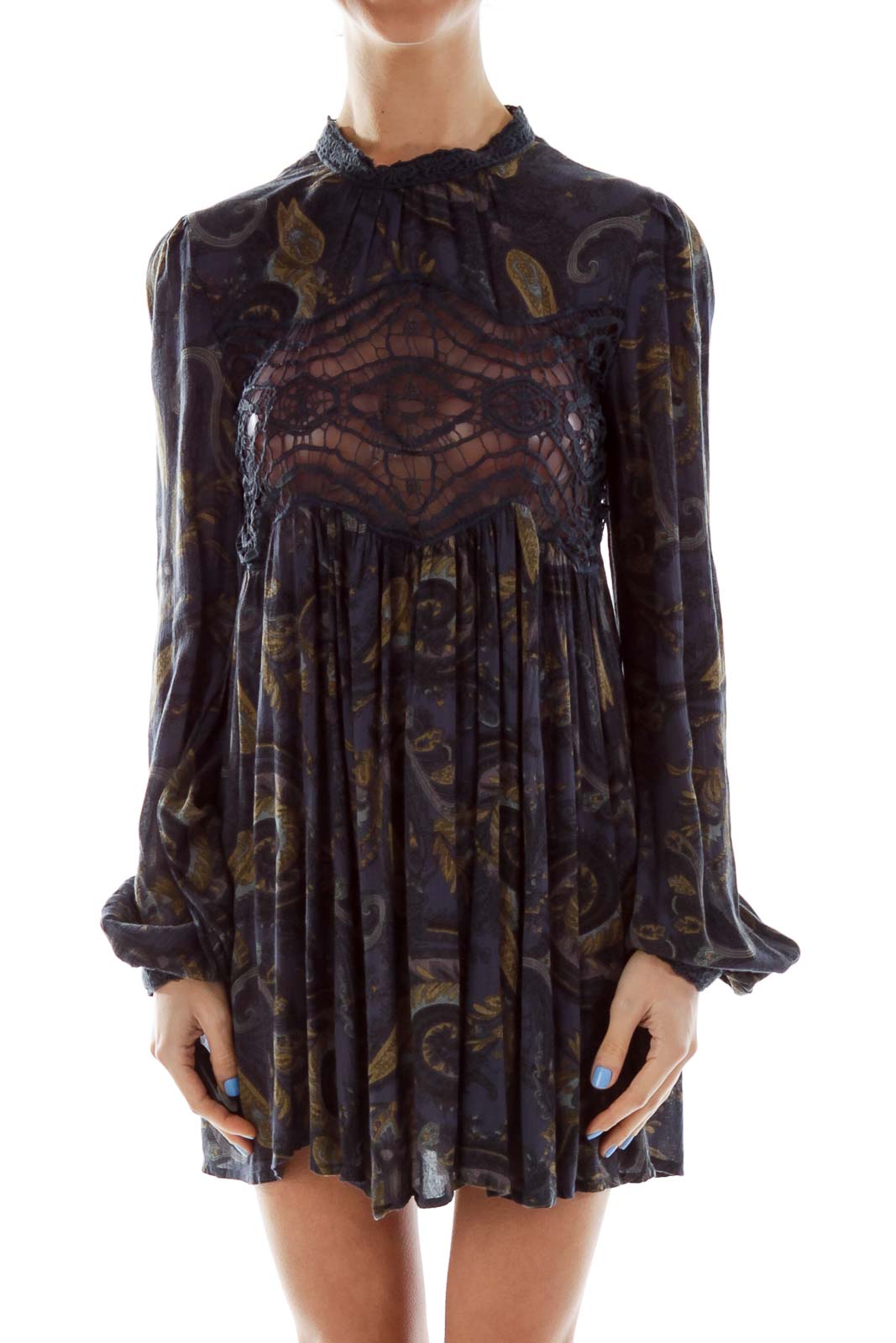 Front view of Free People navy floral lace mini dress with high neckline and long sleeves