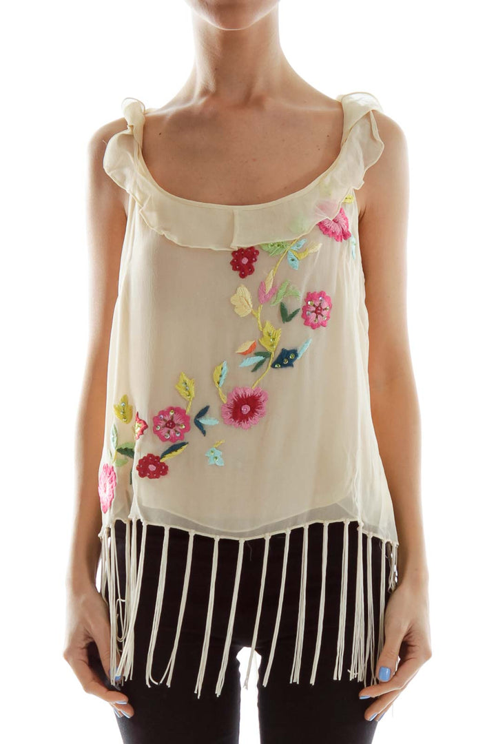 Beige Embroidered Tank Top