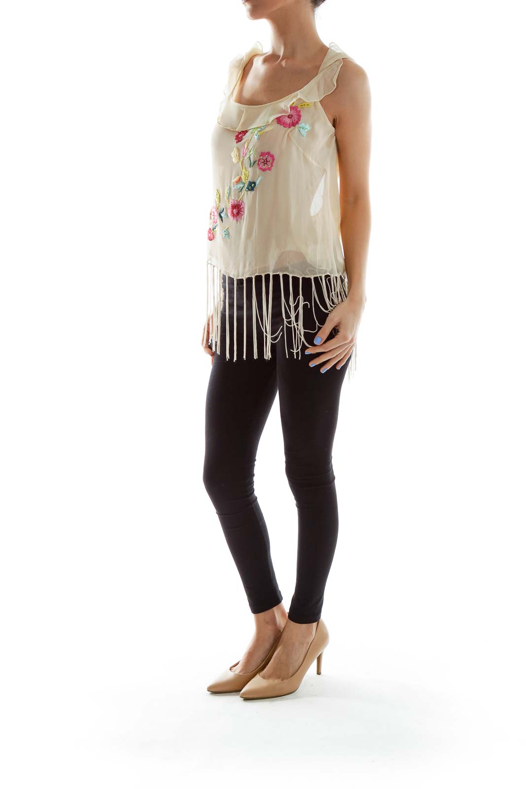 Beige Embroidered Tank Top