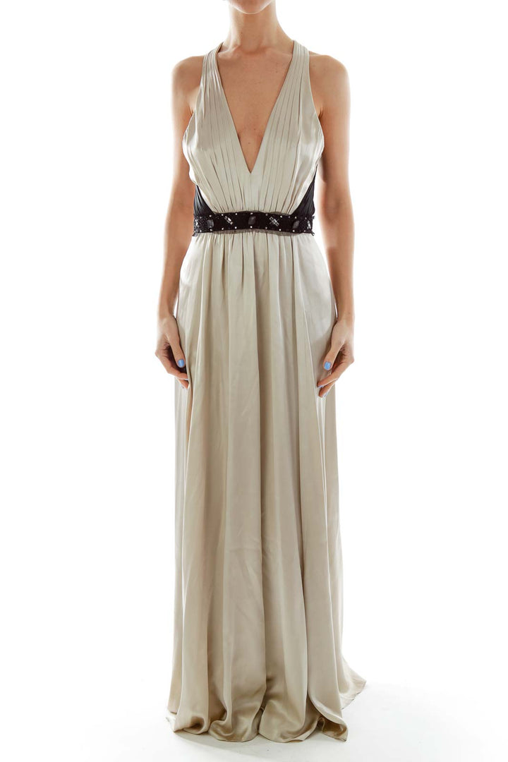 Beige Silk Beaded Evening Gown