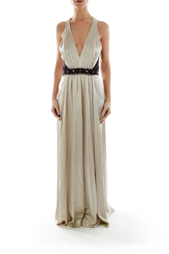 Beige Silk Beaded Evening Gown