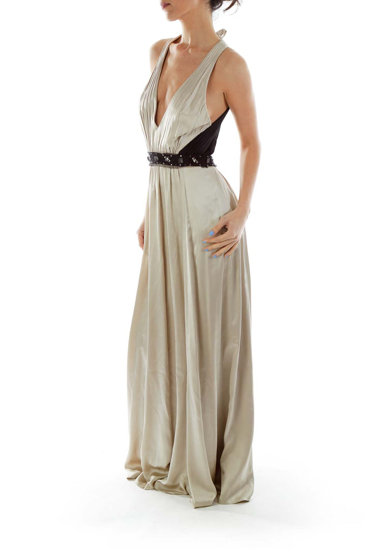 Beige Silk Beaded Evening Gown