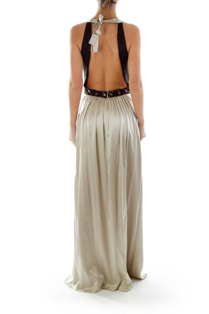 Beige Silk Beaded Evening Gown