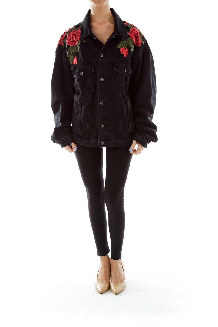 Black Embroidered Flower Prink Denim Jacket