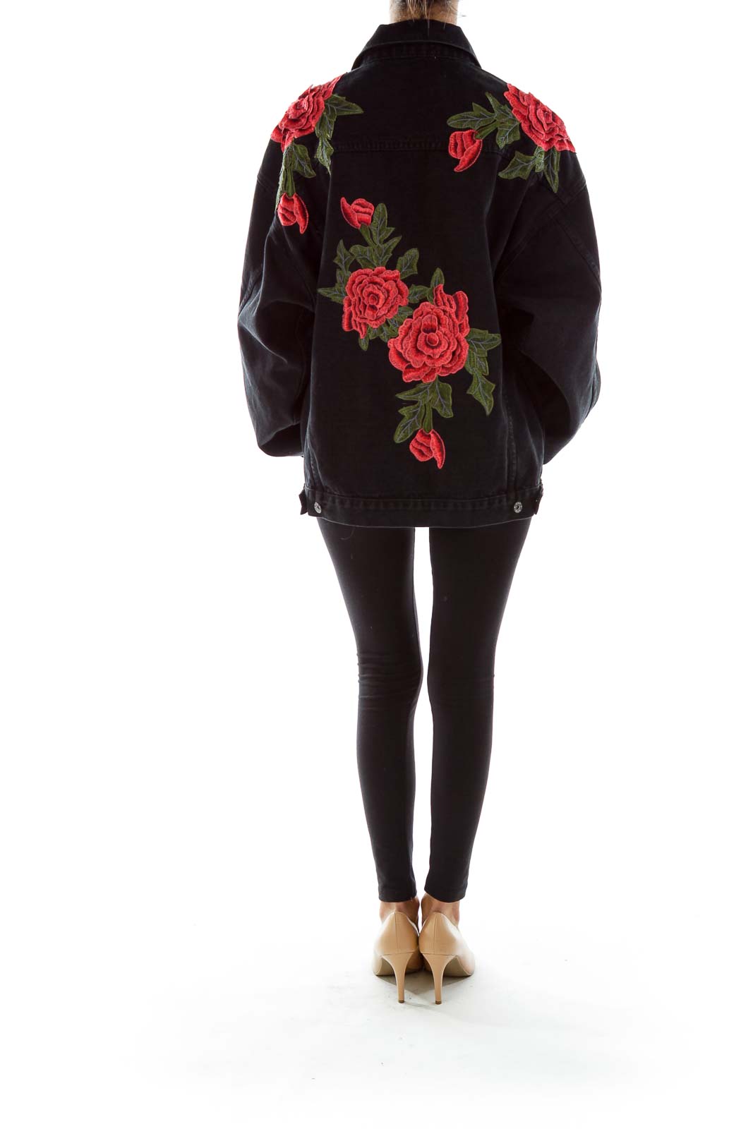 Black Embroidered Flower Prink Denim Jacket