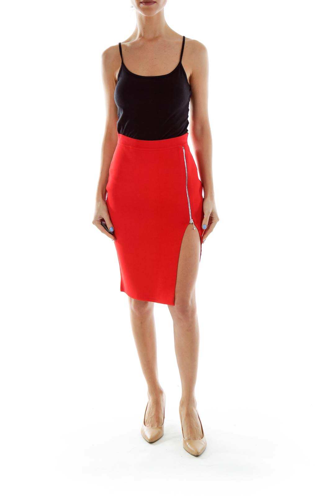 Red Zippered Pencil Skirt