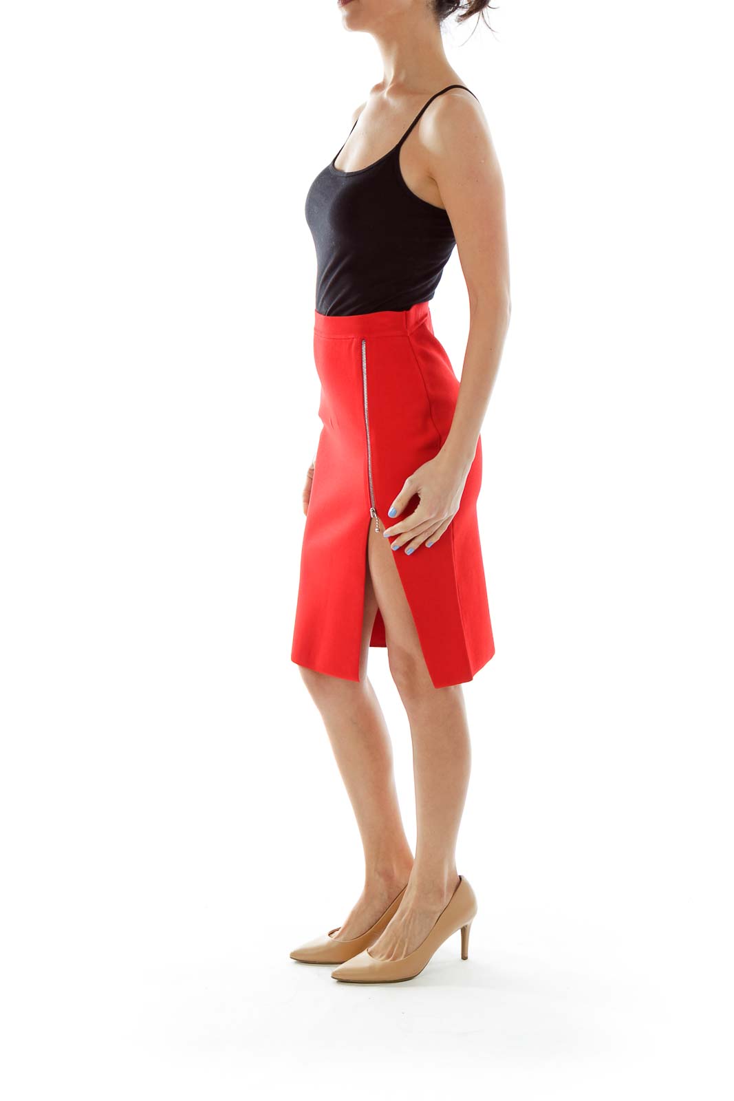 Red Zippered Pencil Skirt