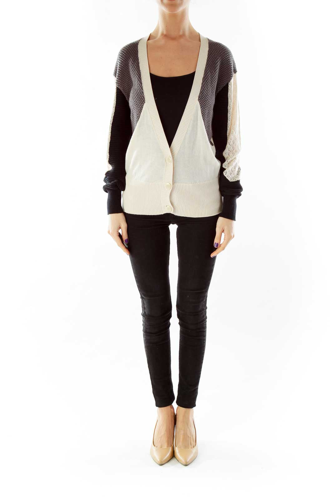 Beige Gray Black Knit Cardigan