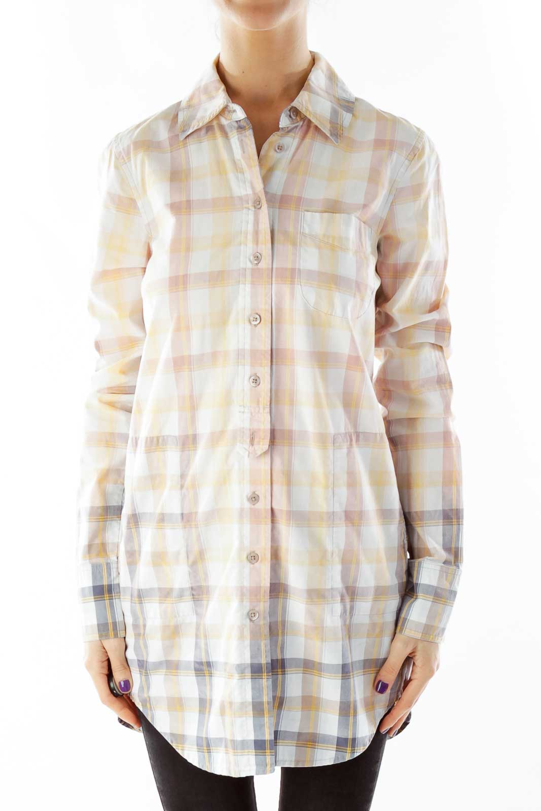 Front view of Free People pastel plaid button-down tunic with collar and chest pocket