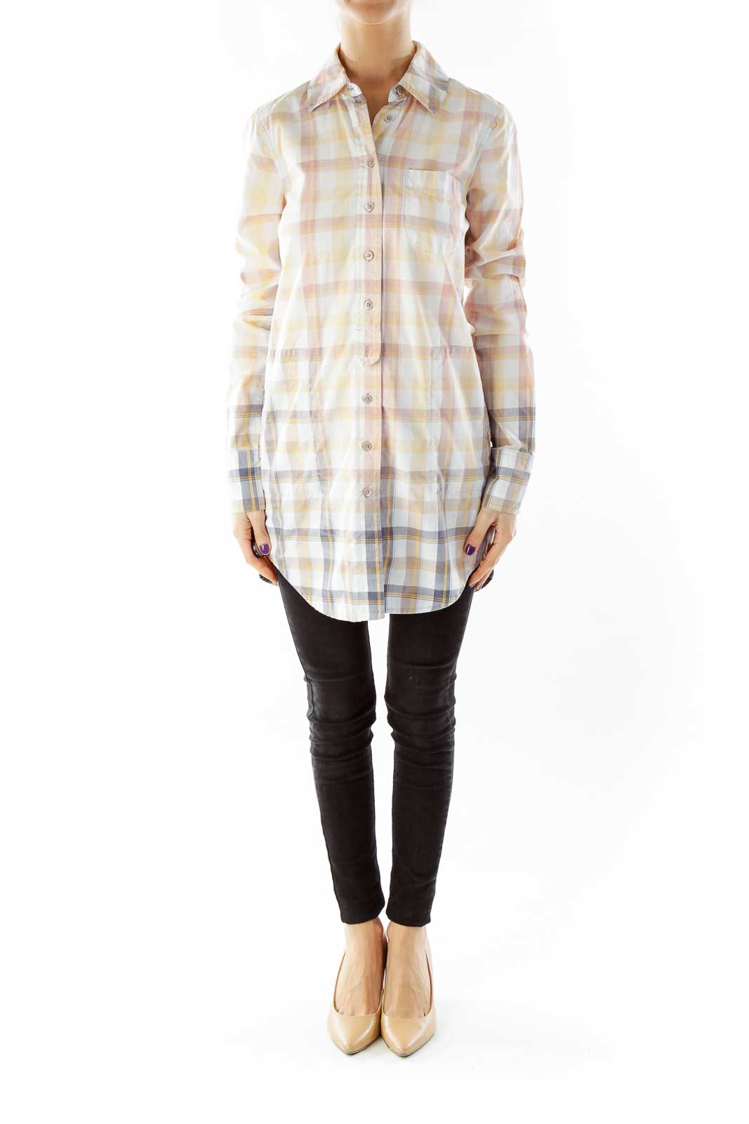 Front view of Free People pastel plaid button-down tunic with collar and chest pocket