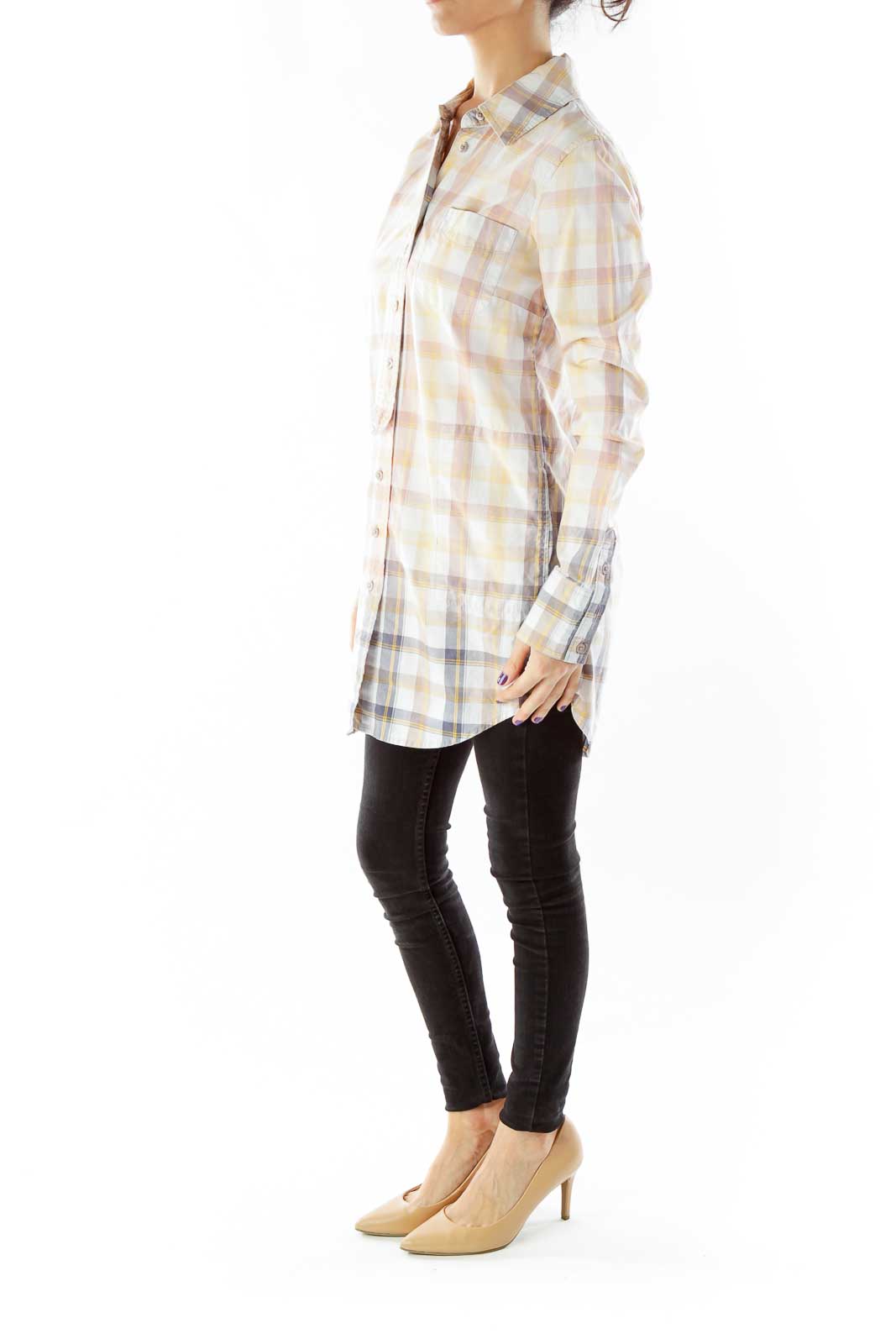 Front view of Free People pastel plaid button-down tunic with collar and chest pocket