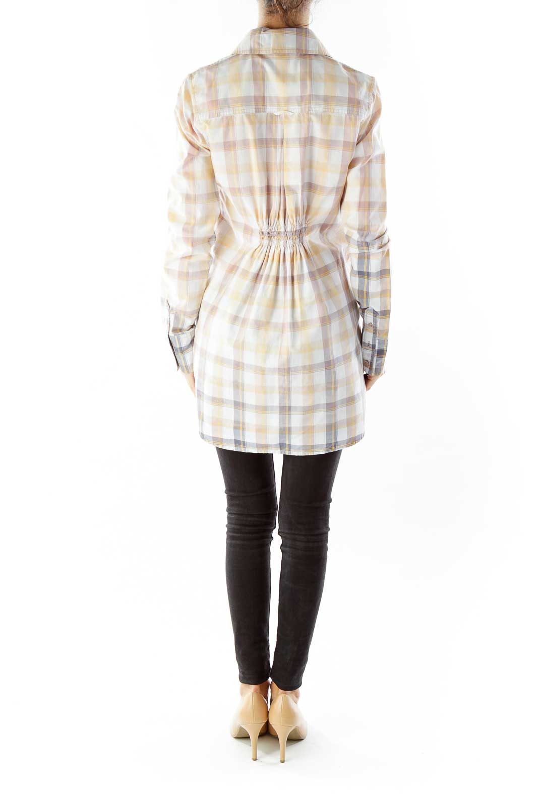 Back view of Free People pastel plaid button-down tunic showing gathered waist detail