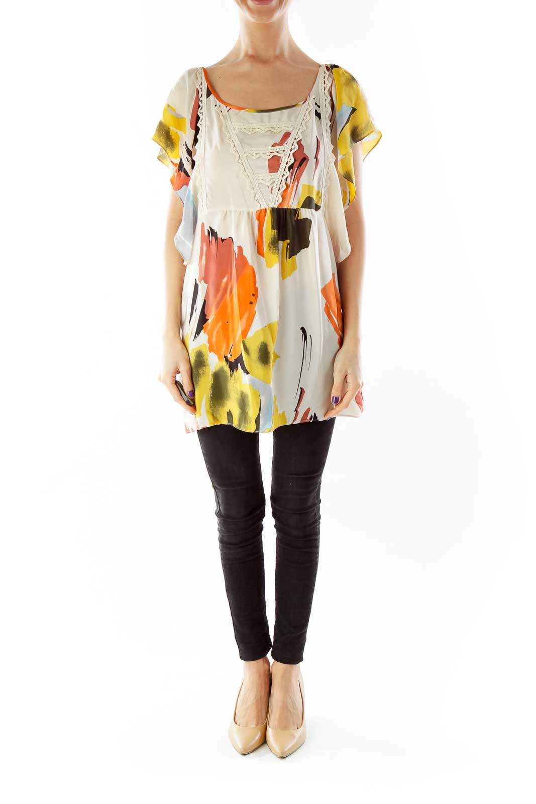 Beige Multicolor Bat Sleeve Blouse