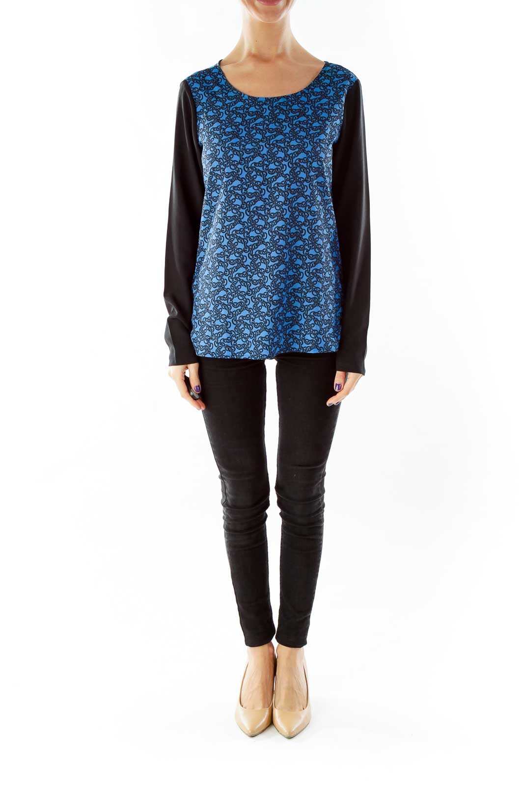 Blue Black Print Blouse