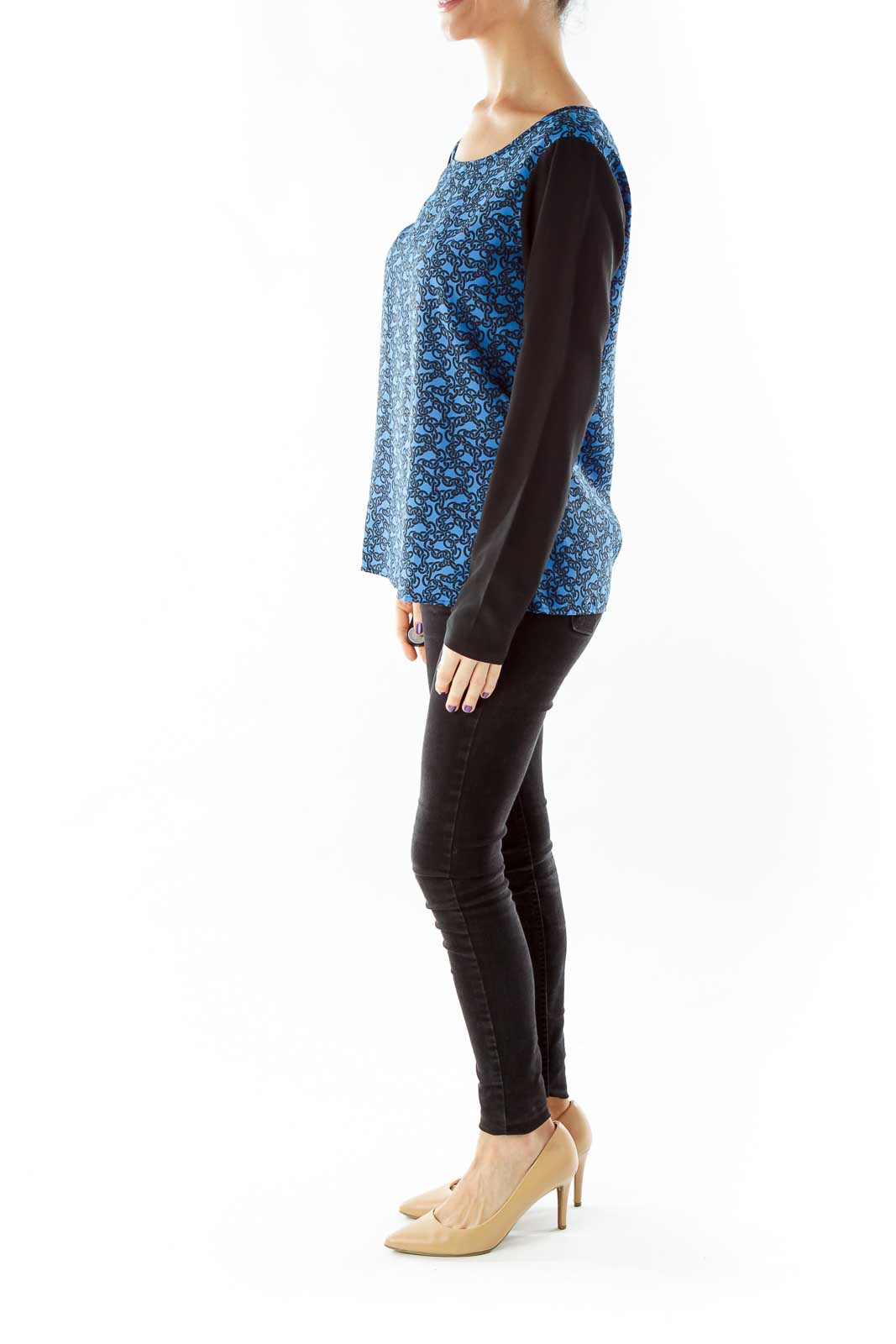 Blue Black Print Blouse