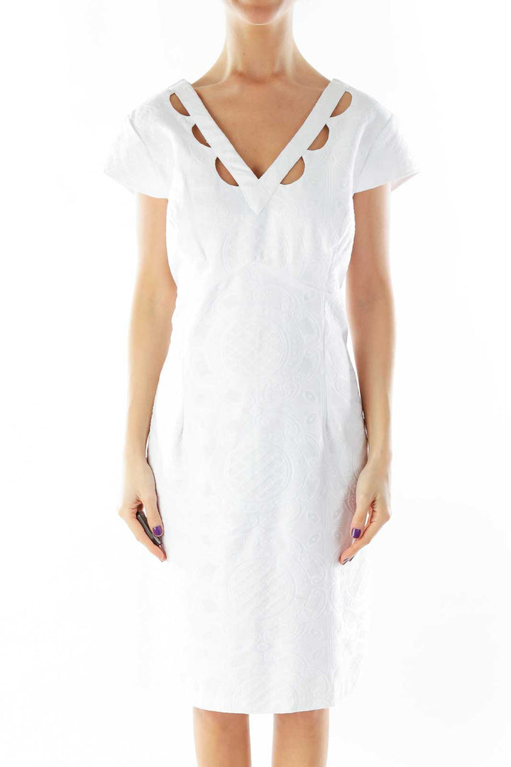 White V-Neck Cap Sleeve Work Dress