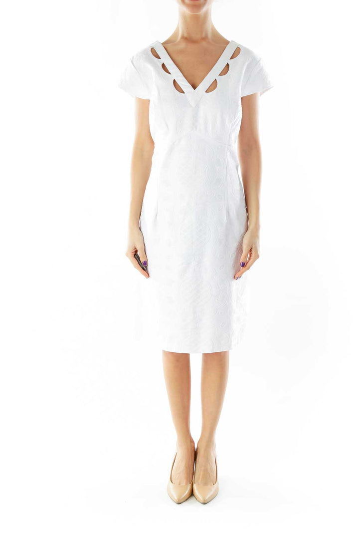 White V-Neck Cap Sleeve Work Dress