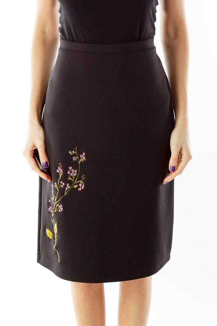 Black Embroidered Pencil Skirt