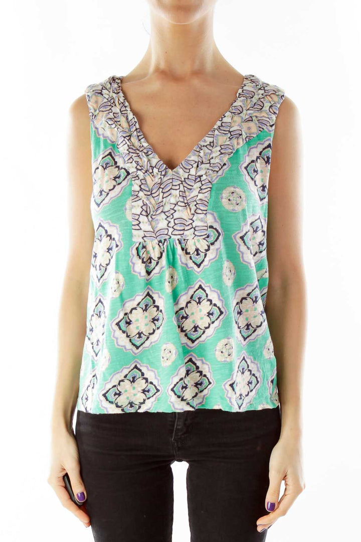 Green Printed V-Neck Blouse