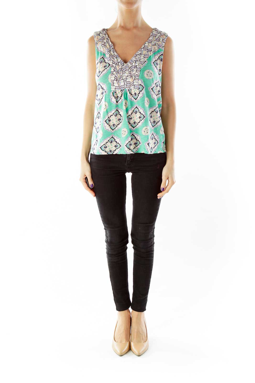 Green Printed V-Neck Blouse