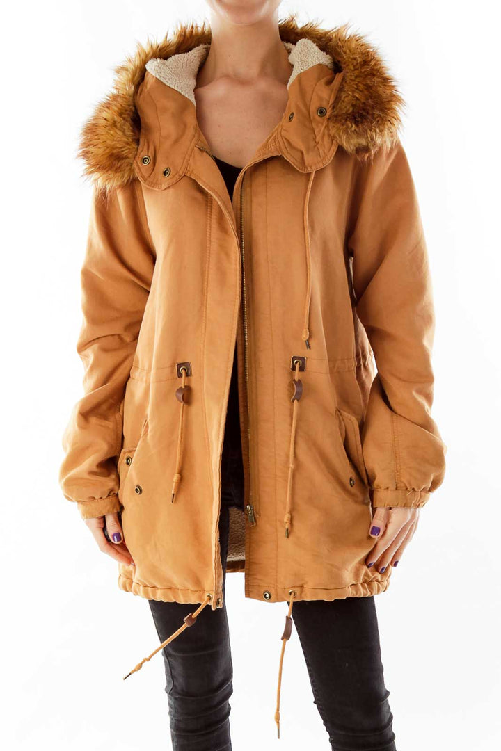 Brown Hooded Faux-Fur & Shearling Jacket