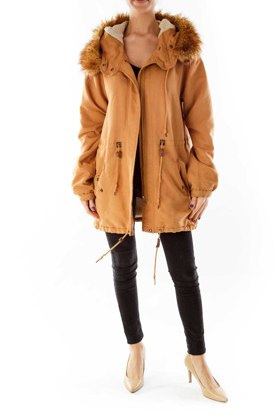 Brown Hooded Faux-Fur & Shearling Jacket