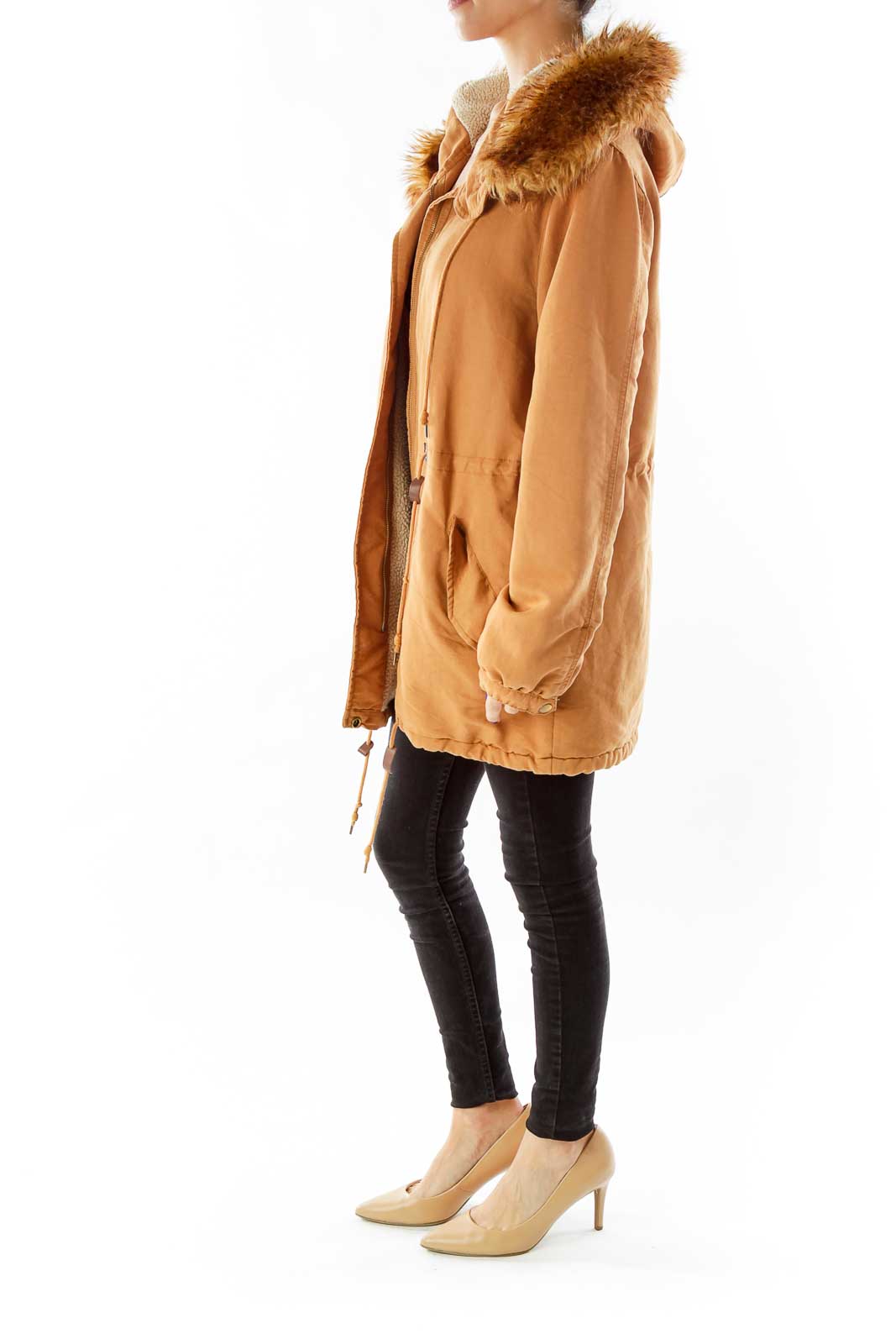 Brown Hooded Faux-Fur & Shearling Jacket