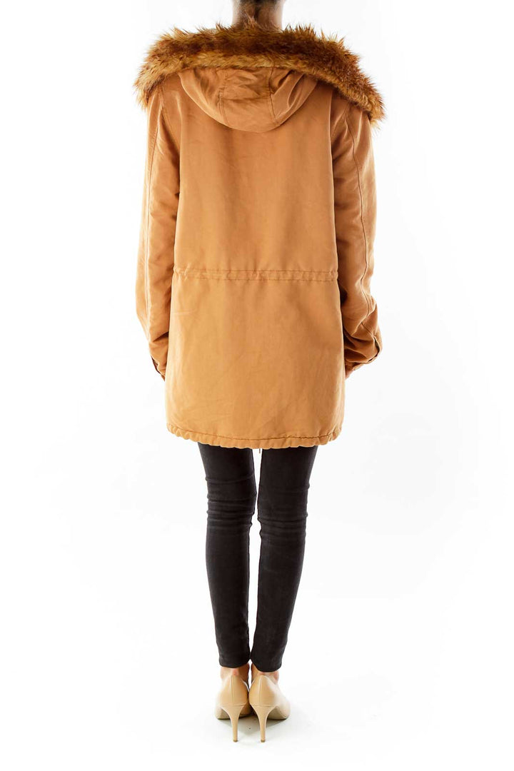 Brown Hooded Faux-Fur & Shearling Jacket